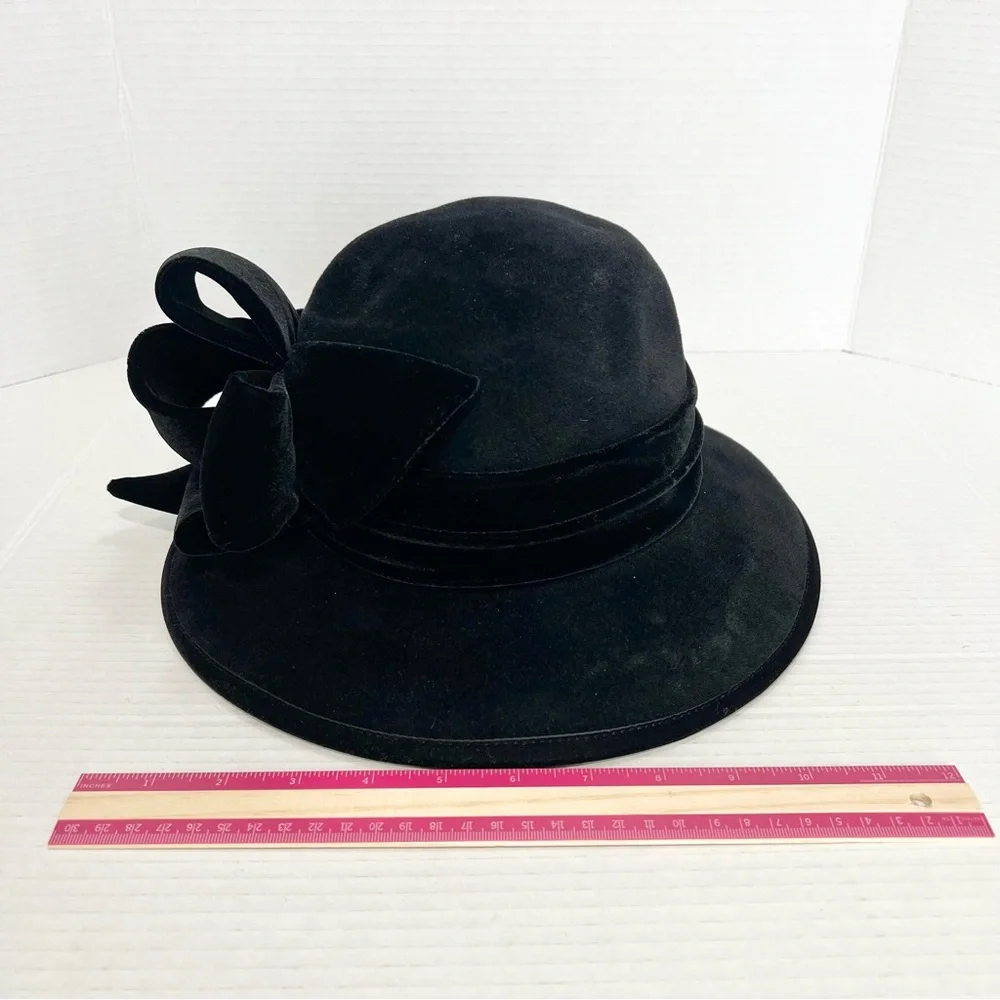 VTG Kokin Black Velvet Wide Brim Bowknot Women's Hat Chic Old Hollywood Retro